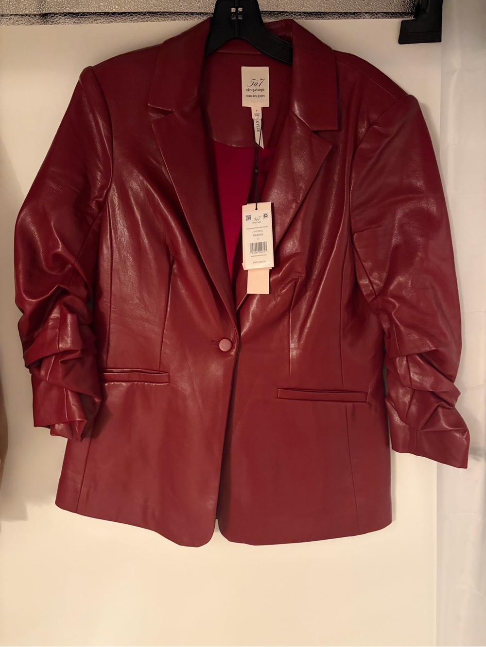 Cinq a Sept Vegan Leather Kylie Blazer Size 4 Color is Rhubarb NWT Red